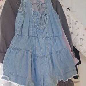 We The Free Light Blue Denim Tiered Romper Dress